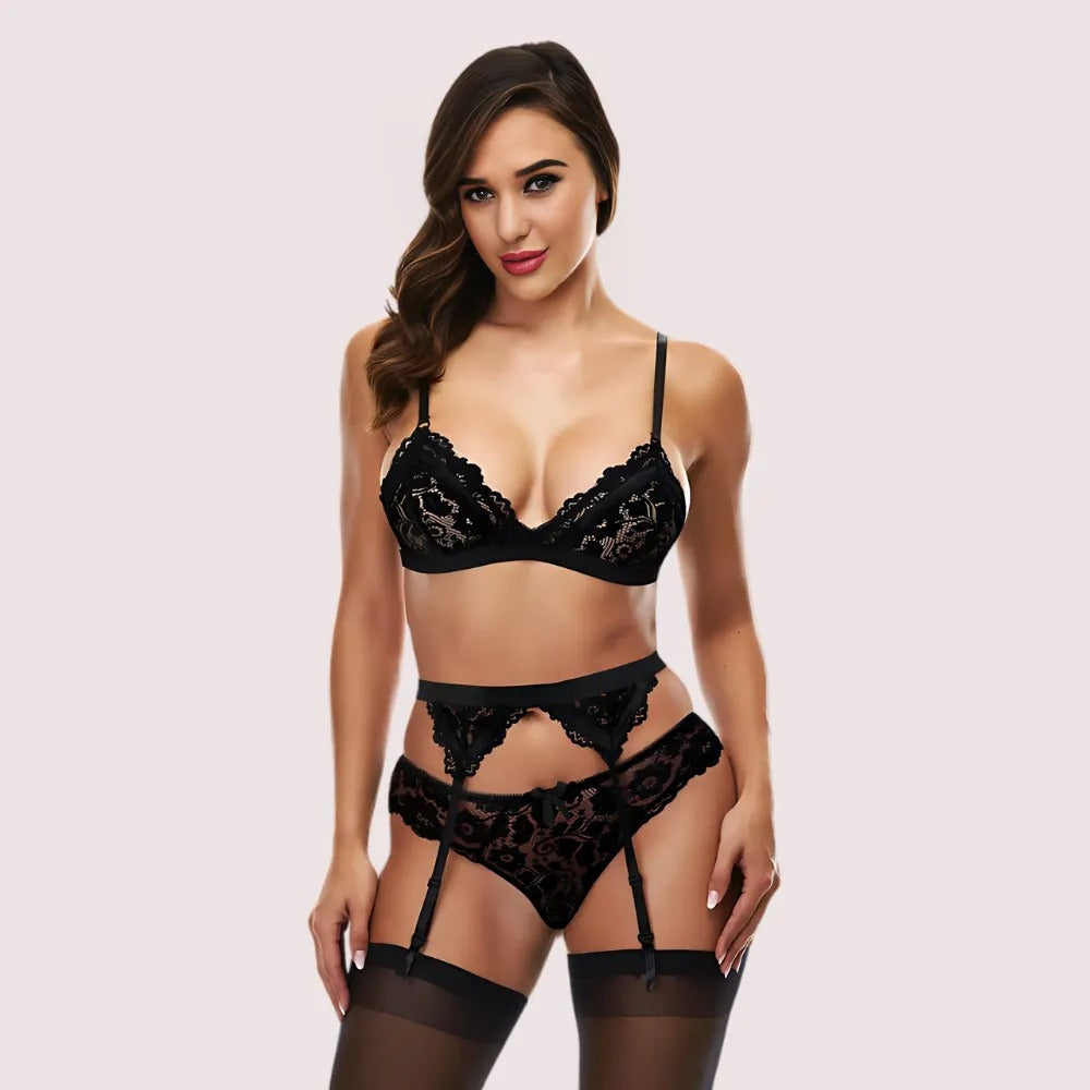 Crimson Whisper Lace Bra & Garter Set Snazzyway