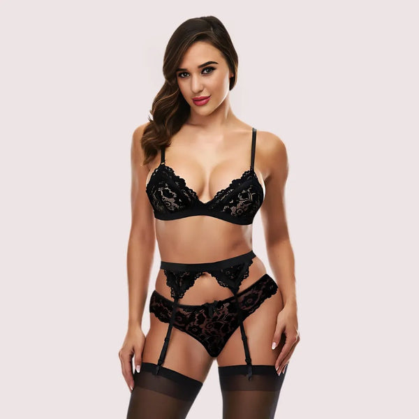 Crimson Whisper Lace Bra & Garter Set Snazzyway