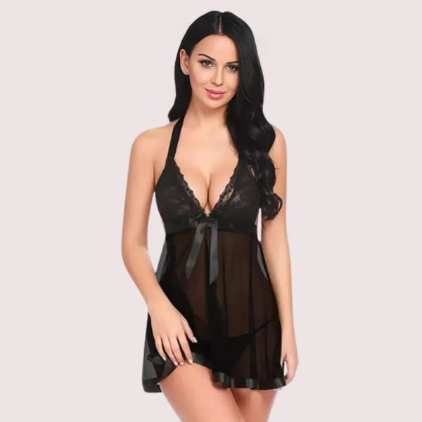 Flirty Sheer and Lace Chemise in Black Snazzyway